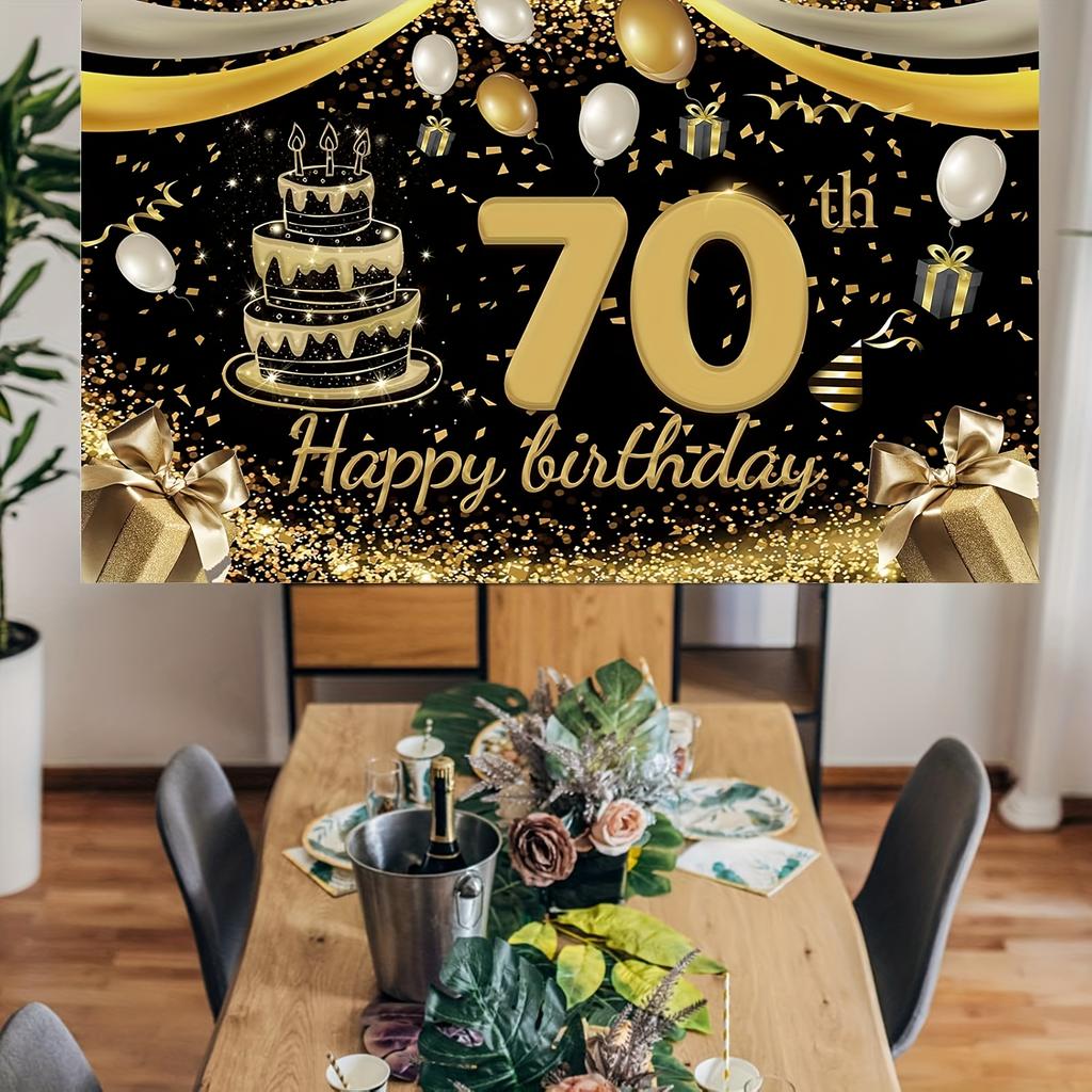 70th Birthday Banner in Black and Gold Party Decoration - Elegant Background Setup for Indoor and Outdoor Milestone Celebrations