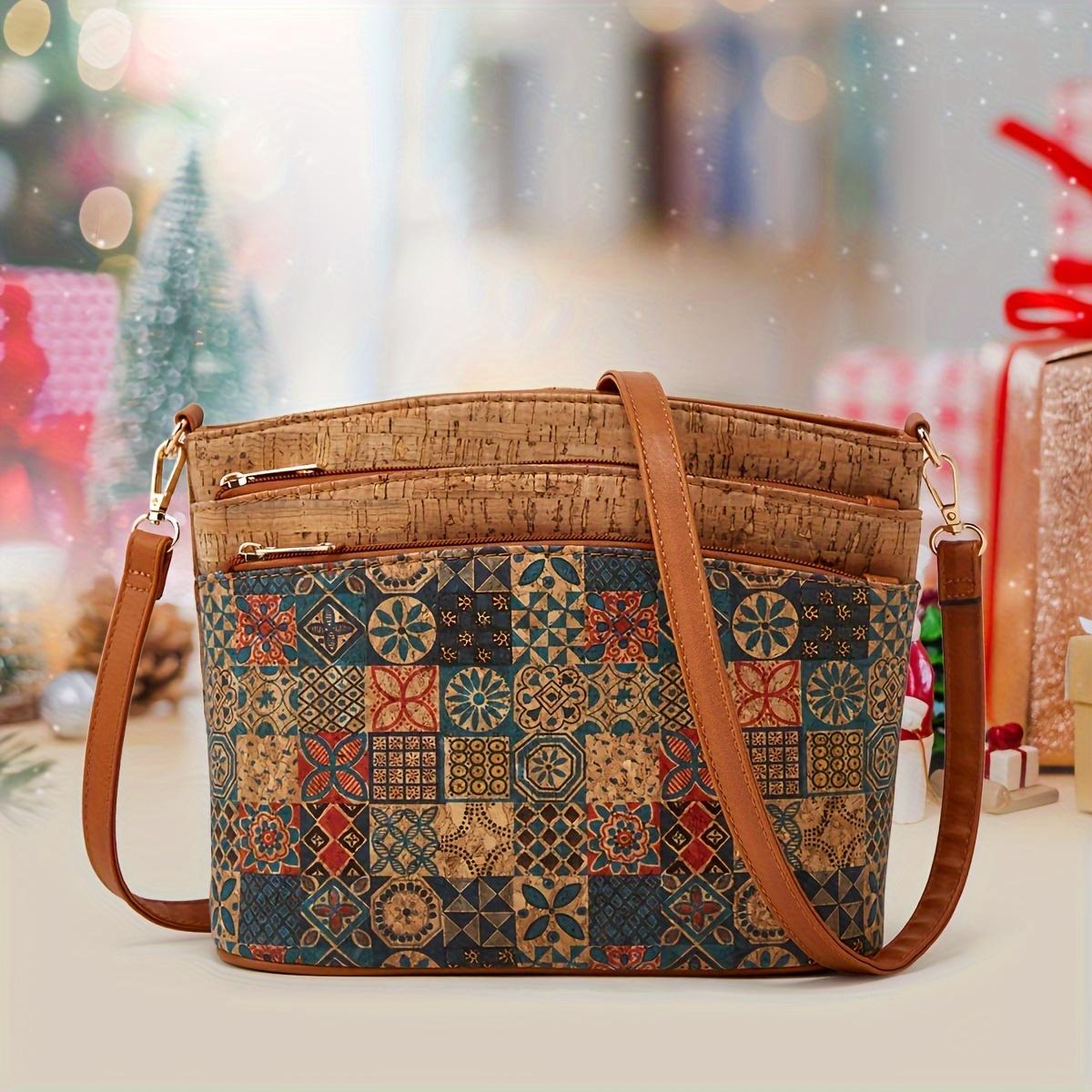 WTEMPO Boho-Chic Vintage Bloemenprint Crossbody Tas voor Dames - Lichtbruin Kunstleer, Ritssluiting, Polyester Gevoerd, Boomschorspatroon, Schoudertas olijf