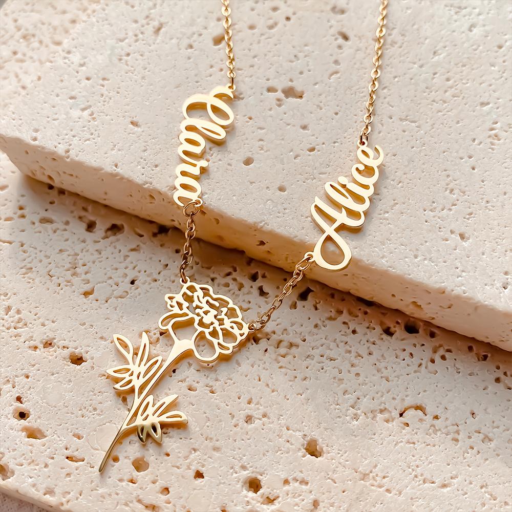 EMANCO Personalized Custom Multiple Name Necklace Stainless Steel Botanical Flower Necklaces Mother's Day Jewelry Gift