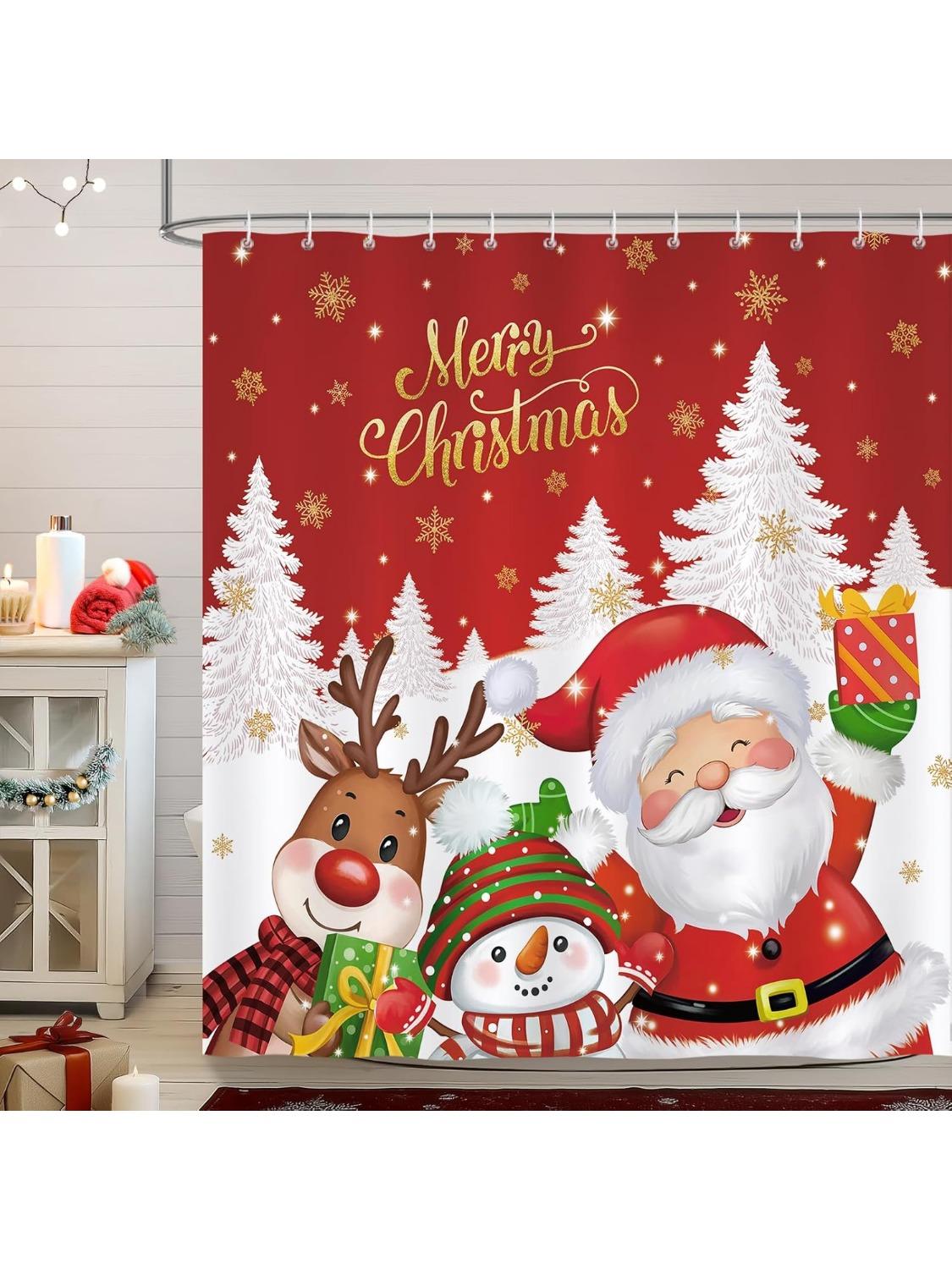 

Merry Christmas Shower Curtain, Cute Santa Claus Reindeer Snowman Winter Holiday Bathroom Decor Polyester Fabric Waterproof 90x180CM