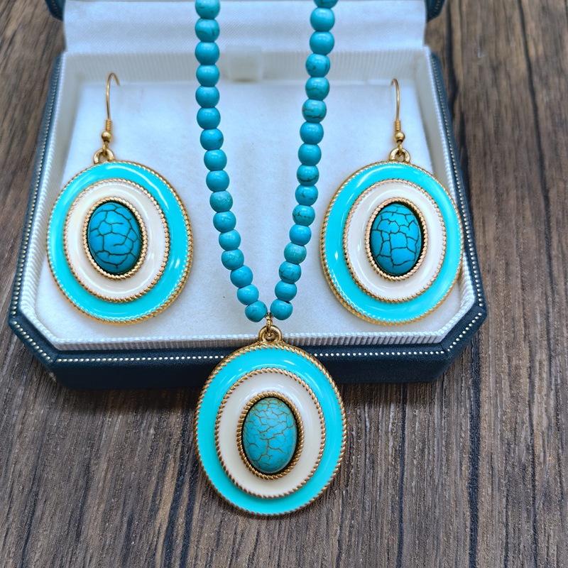 

Комплект из бирюзовых серег и ожерелья, винтажный овальный эмалевый светильник, роскошный комплект ожерелья и цепочки с воротником