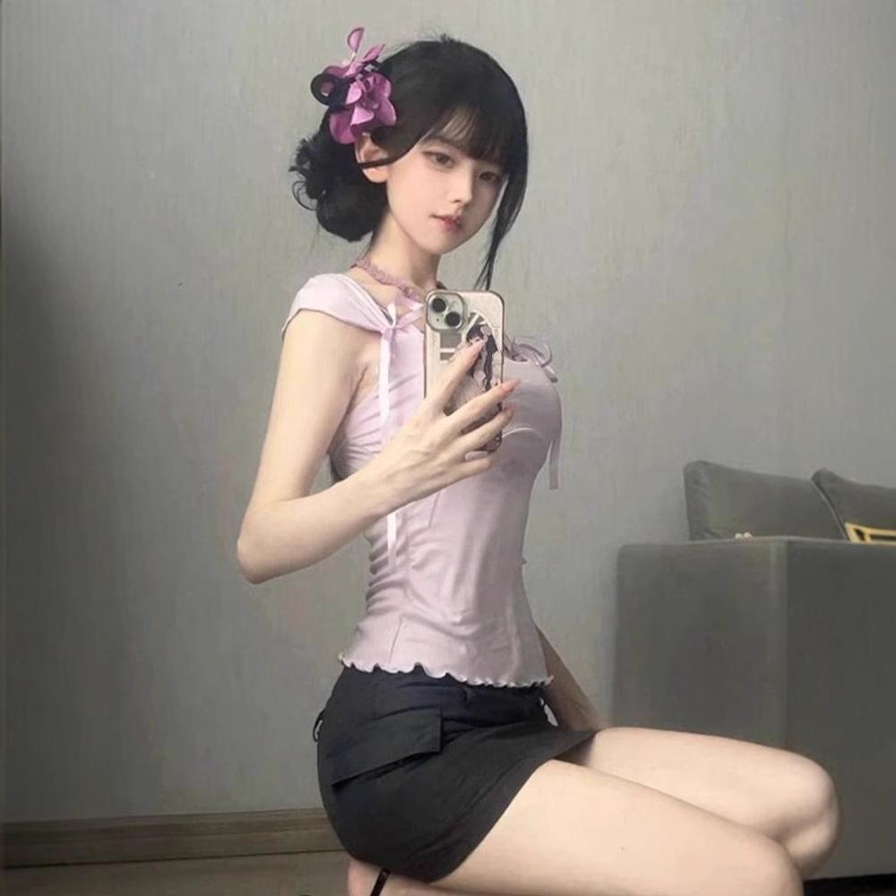 Spice girl niche fashion bow design short-sleeved T-shirt slim and thin sexy pure desire temperament top ins women