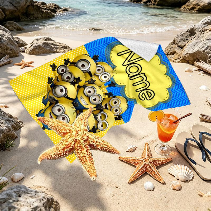 Custom Name Personalized Minions Print Beach Towel, for Trip Camping Beach Party Home Decor, Birthday Gift for Family & Friends