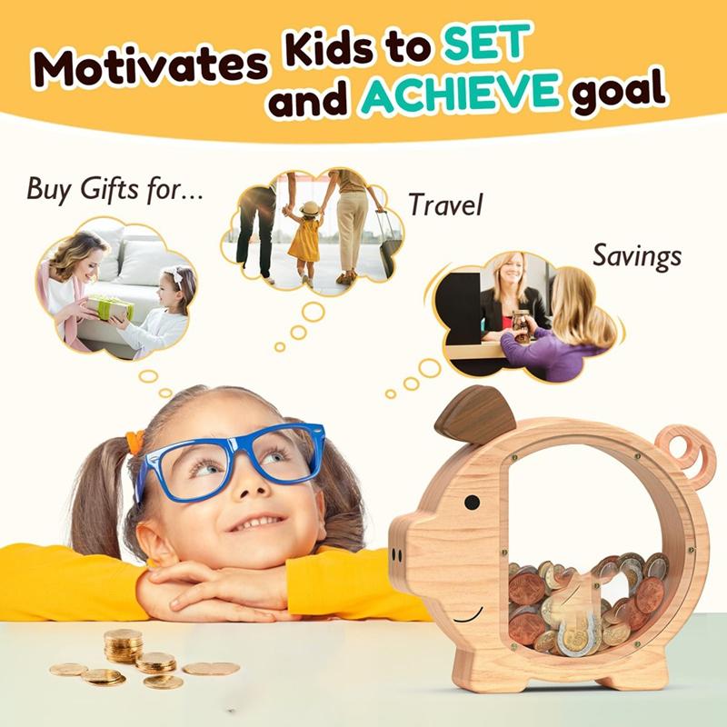 ABFS Holz-Spardose für Kinder, große Spardose für Jungen und Mädchen, niedliche, unzerbrechliche Spardose aus Holz, Spardose