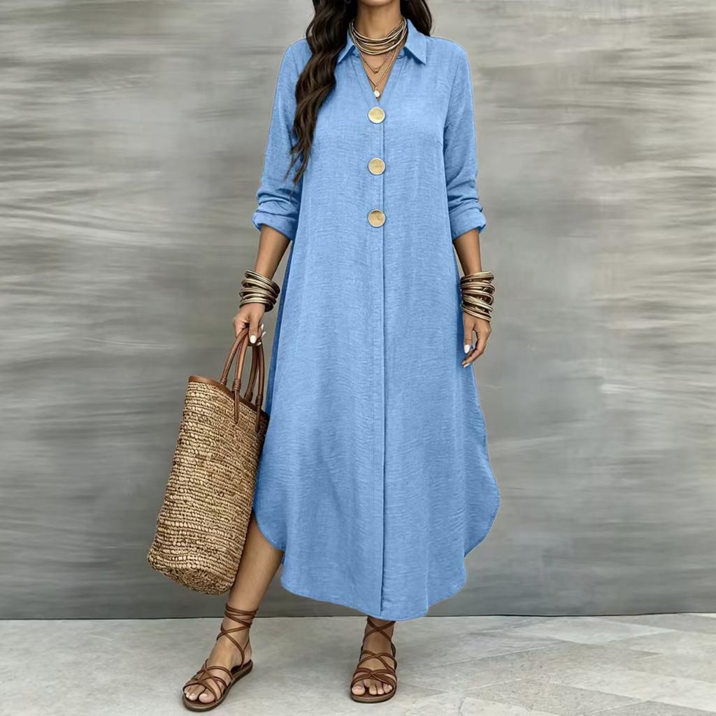 Women's Casual Color Long Sleeve Button Down Shirt Dress for Everyday Wear