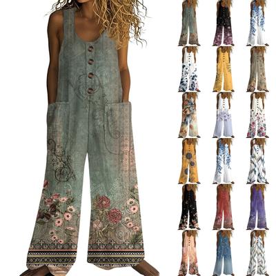 Women's Fashionable Casual Button-down Sleeveless Jumpsuit, Retro Floral Printed Cotton Pocket Jumpsuit