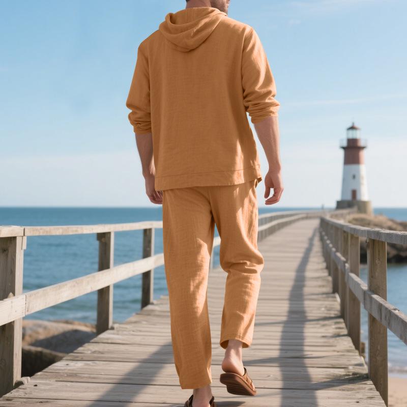 Men's Linen Long Sleeve Hooded Shirt and Pants Casual Beach Set