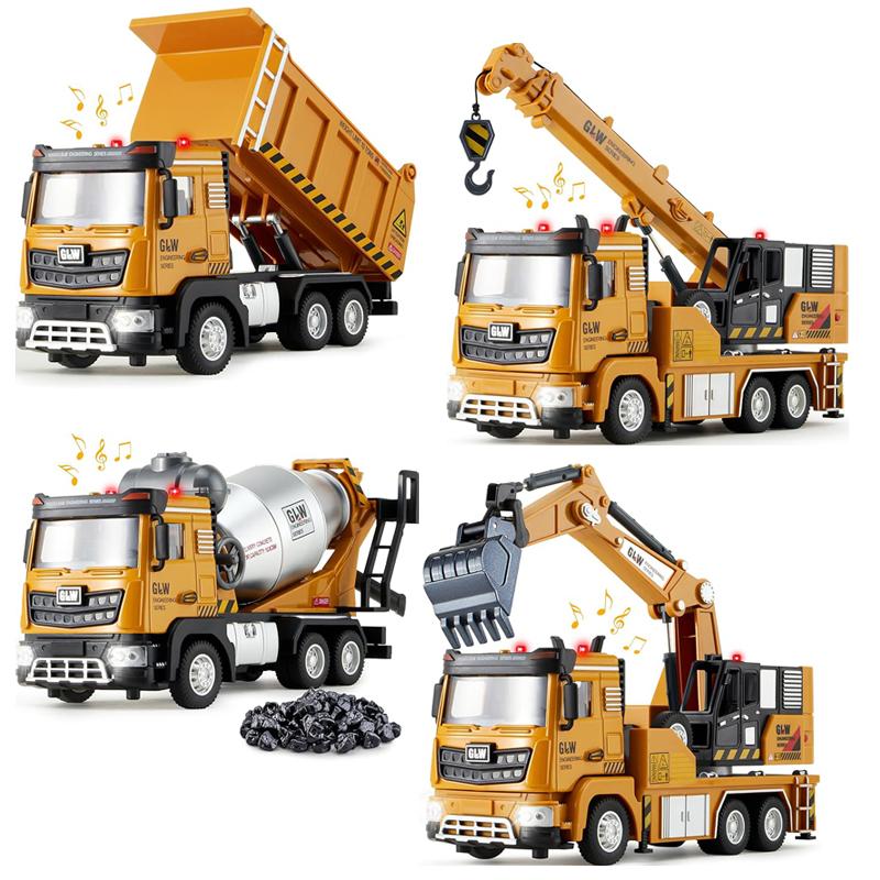 1:40 5 Styles Pullback Light And Sound Diecast Car Mixer Excavator Engineering Truck Construction Alloy Toys For Kids Boys Gifts