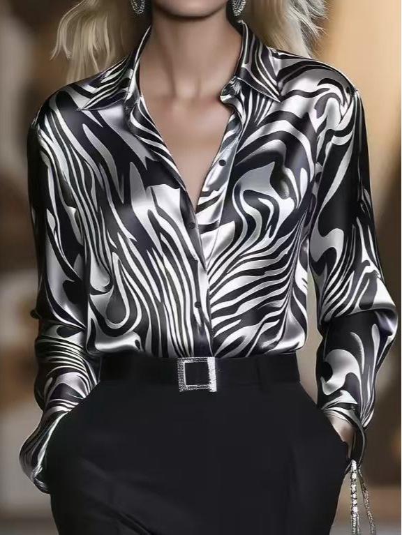 Elegant Zebra Print Satin Shirt - Long Sleeve, Seasonal Women's Fashion