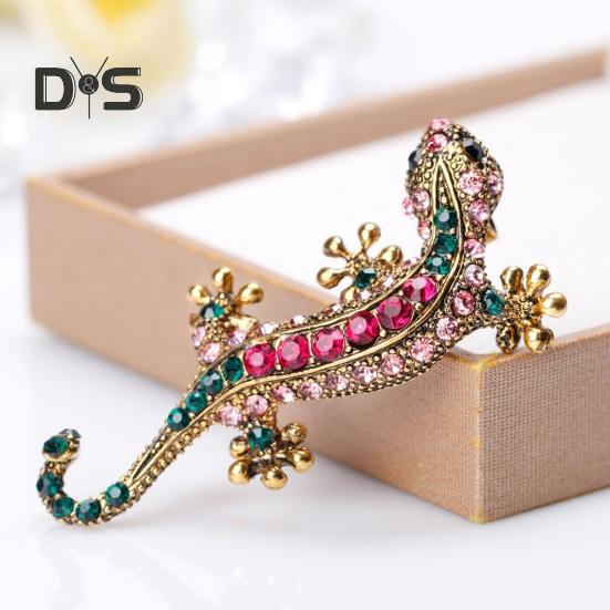 Retro Lizard Gecko Shape Brooch Shining Rhinestones Inlaid Pin Faux Silk Shawl Buckle Dress Badge Outfit Accessories