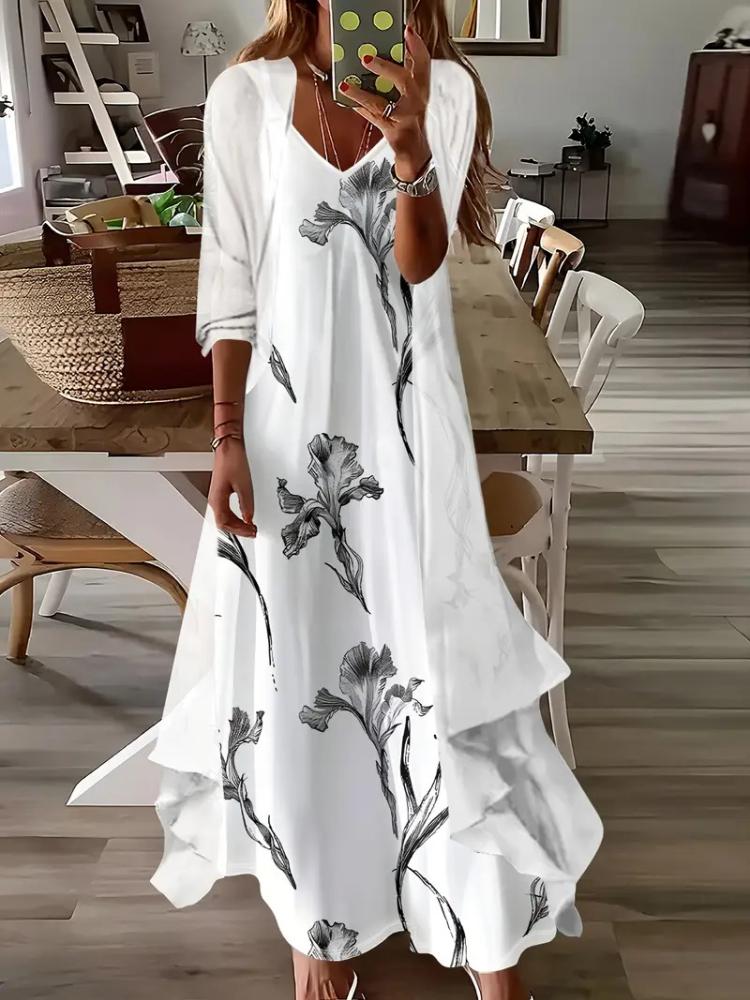 

Элегантное макси-платье с цветочным принтом и бабочками, с длинным кардиганом, женское платье в стиле бохо-шик, повседневное летнее платье 4XL