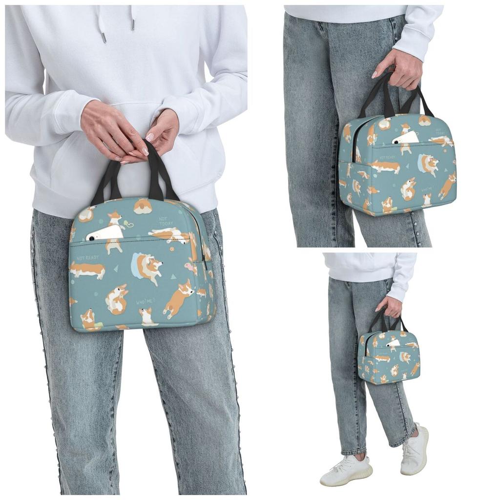 Corgi Puppy Lie Down In Blue Background Insulated Lunch Bag for Kid Cooler Thermal Food Box Tote Leakproof Lunch Boxes Container