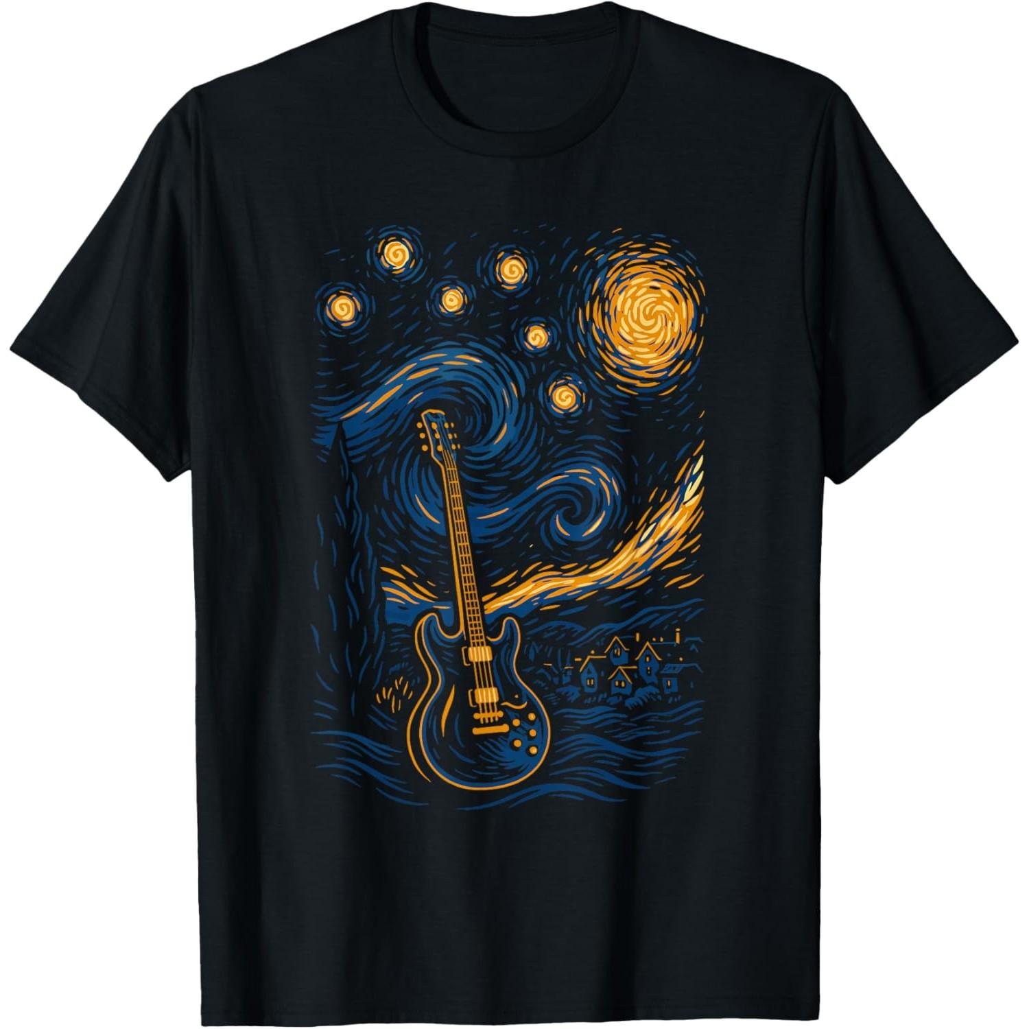 Van Gogh Style Electric Guitar Graphic Tee Artistic Music Lover Print T-Shirt for Men S
