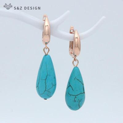 Moda Mizaç Gül Altın Renk Su Damlası Sentetik Turquoises Dangle Küpe Kadınlar Kız Düğün Için Zarif Takı Hediye