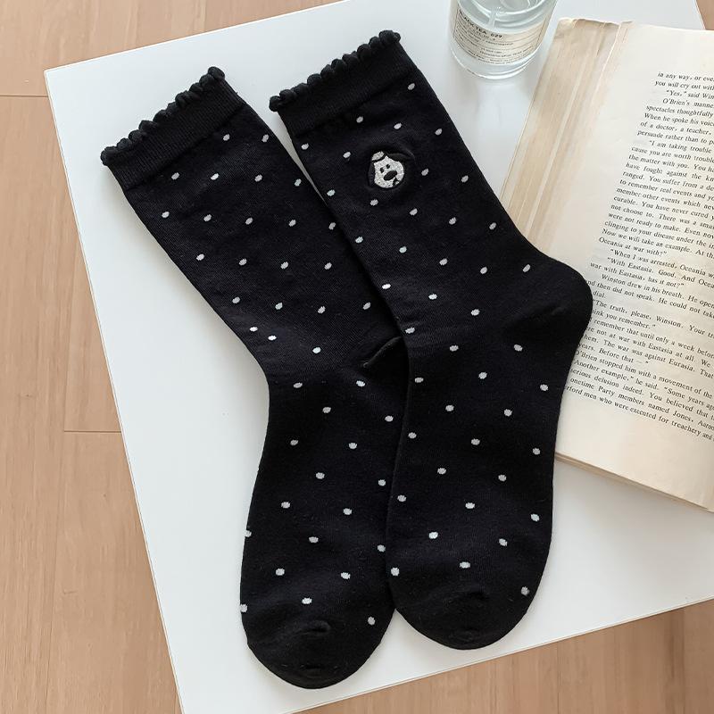 

Lady Spring and Autumn Embroidery Puppy Dot Mid Barrel Pile Socks 1 pair чёрный