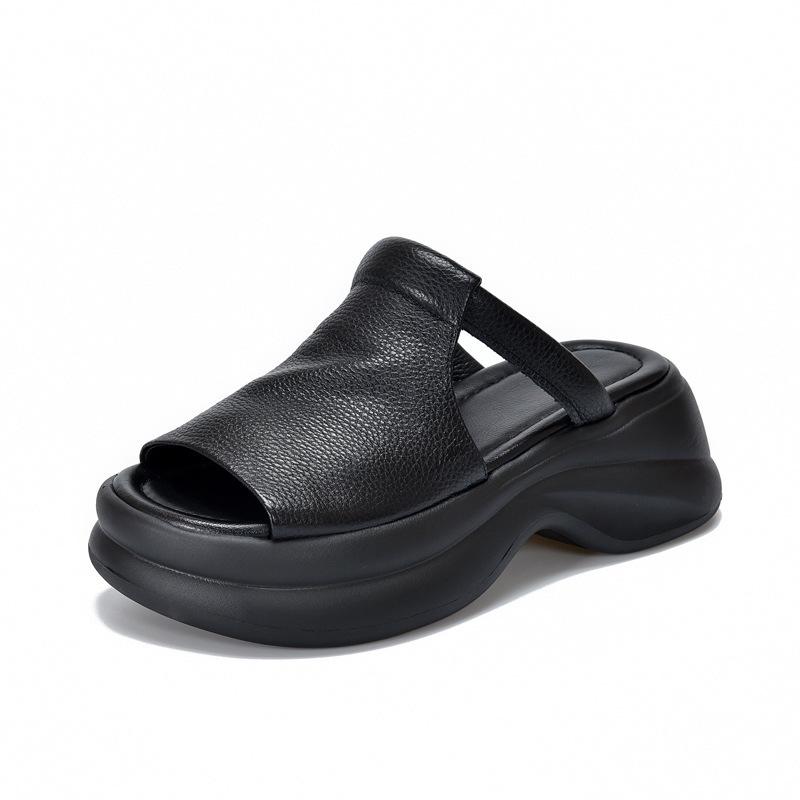 Mode Hausschuhe Plateau Schuhe Peep Toe Dame Niedrige Slipper Damen Pantoletten Echtes Leder Mädchen 2025 Sommer Hufabsätze PU Rom Stoff