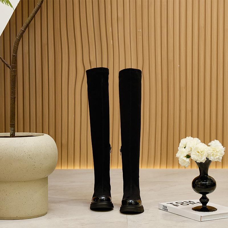 Autumn and winter velvet elastic boots women's side zipper platform casual shoes women's solid color knee boots women