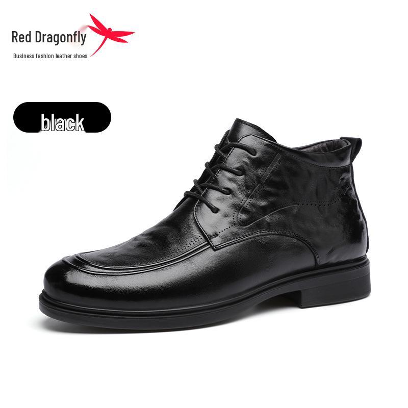 Red Dragonfly Men s High-Top Leather Shoes: Winter Business Formal, Hand-Grabbed Texture, Plus Velvet Warm, Genuine Leather. 42