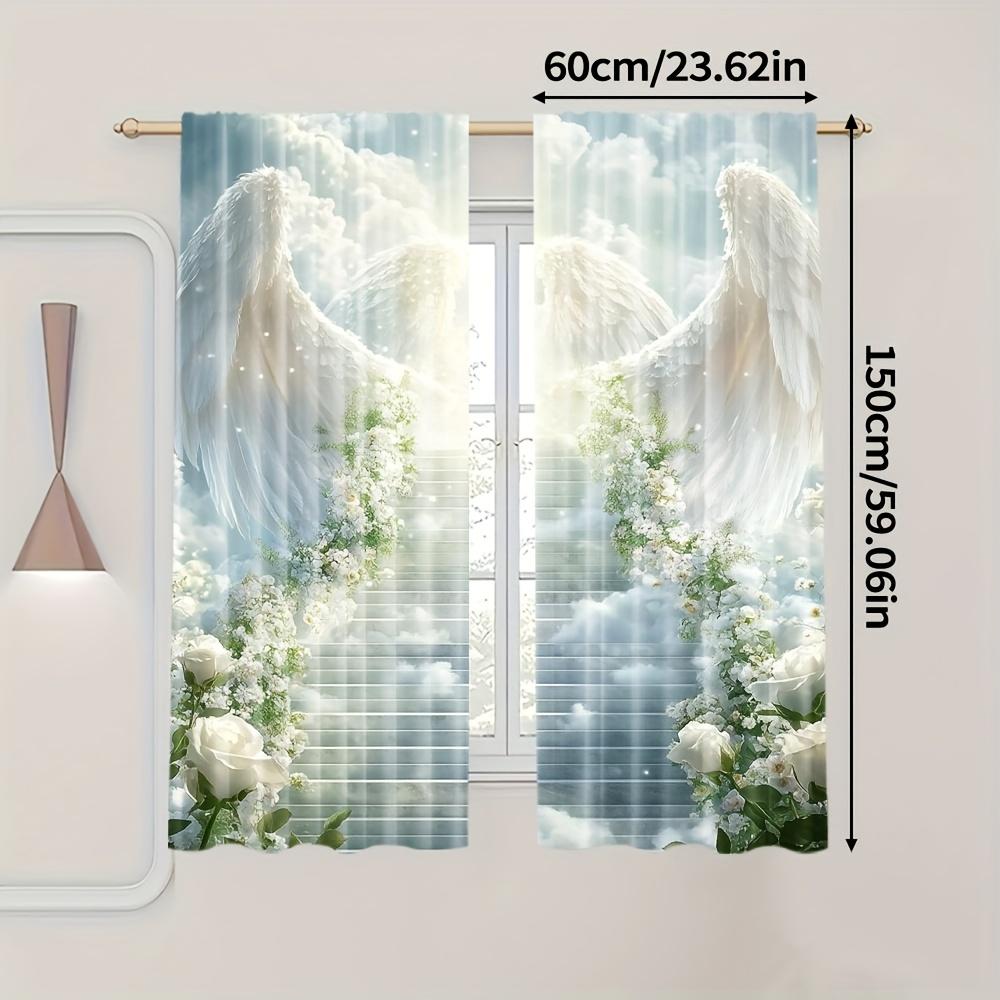 2pcs Shimmering White Angel Wings & Floral Curtains – for Kitchen   Caf   Office   Living Room & Bedroom Decor