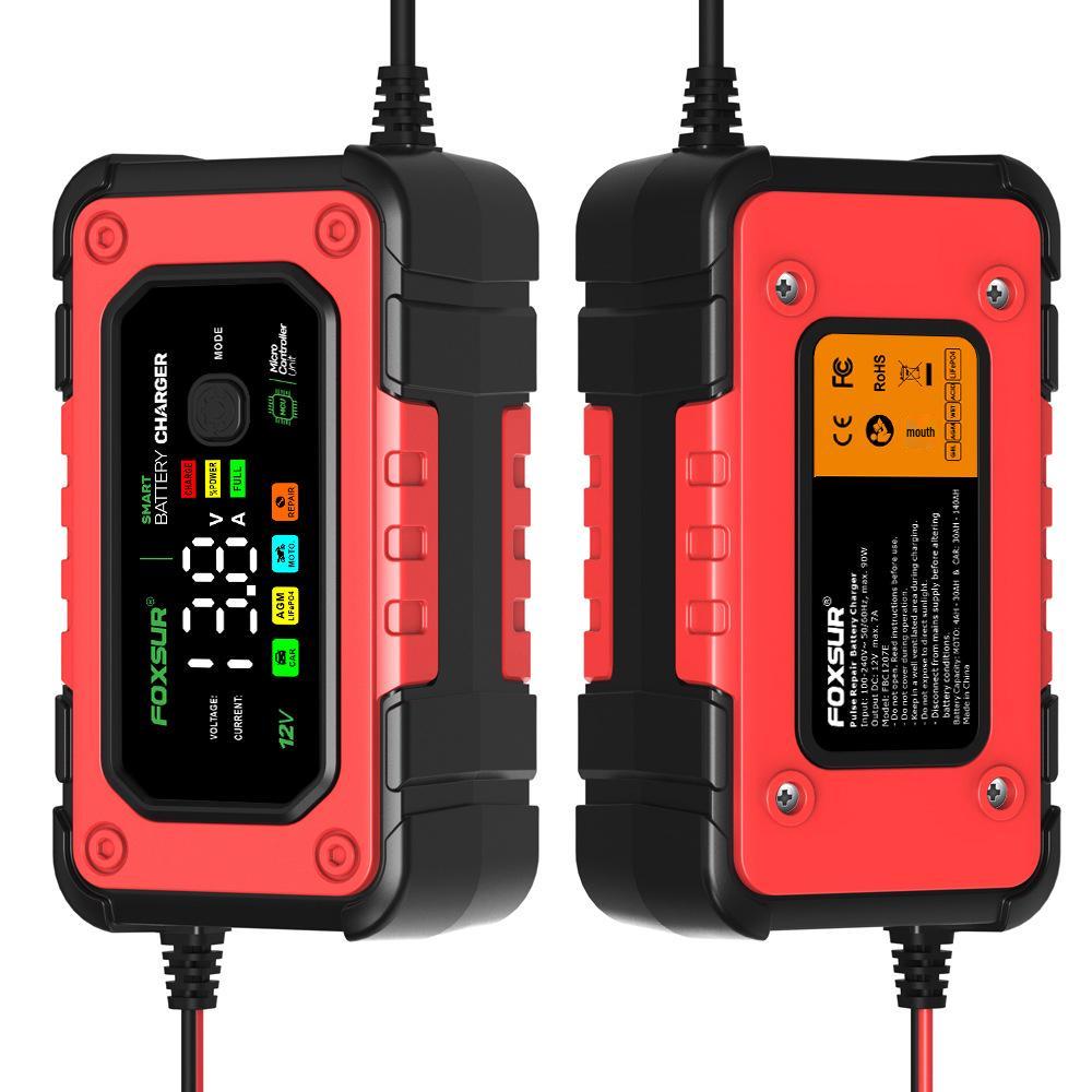 FOXSUR 12V 7A Charger for Lead-Acid & Lithium Iron Phosphate Batteries with Large Color Screen