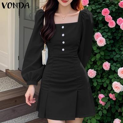 Women Casual Square Neck Puff Long Sleeve Solid Color Hip Dresses