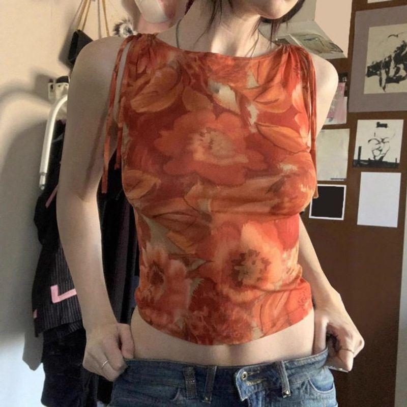 

Retro-Style Sexy Tops for Women, Niche Spicy Girl Print, Bright Color Summer Island American-Style Tie-Up Tank Top, Vacation Drawstring Orange color S
