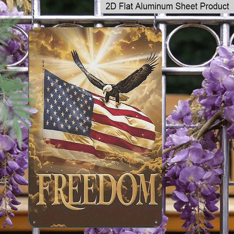 2D Flat 1pc Vintage Bald Eagle & American Flag Metal Sign - Patriotic "FREEDOM" Wall Decor with Stars & Stripes Design, Rustic Aluminium Wall Art for