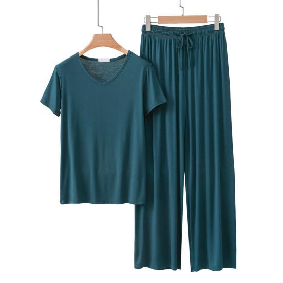 

Женский комплект пижамы из 2 предметов, повседневный, с V-образным вырезом, с короткими рукавами, пуловер, комплект брюк с широкими штанинами, летние наряды для отдыха L темно-зеленого