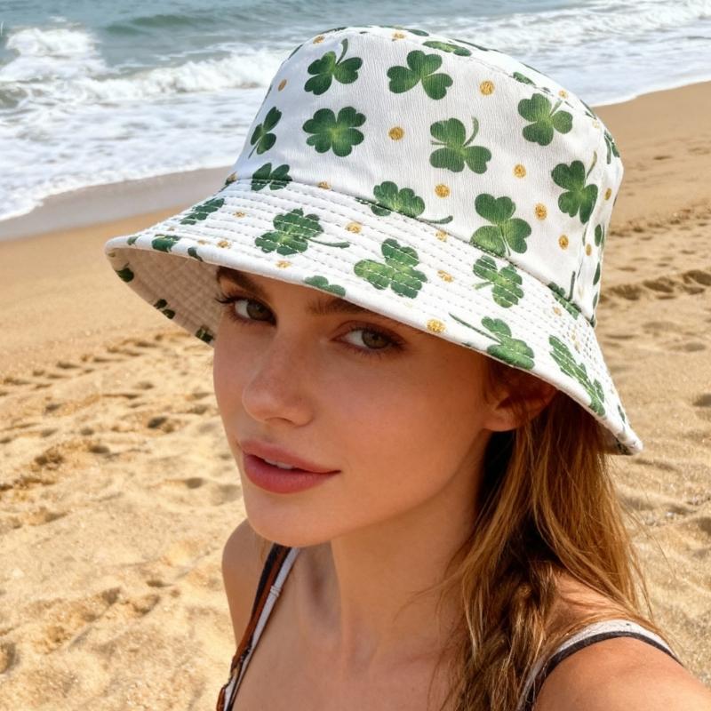 StPatricks Day Shamrock Fisherman Hat Digital Print Breathable Polyester Fabric Sun Protective Foldable Design Headwear
