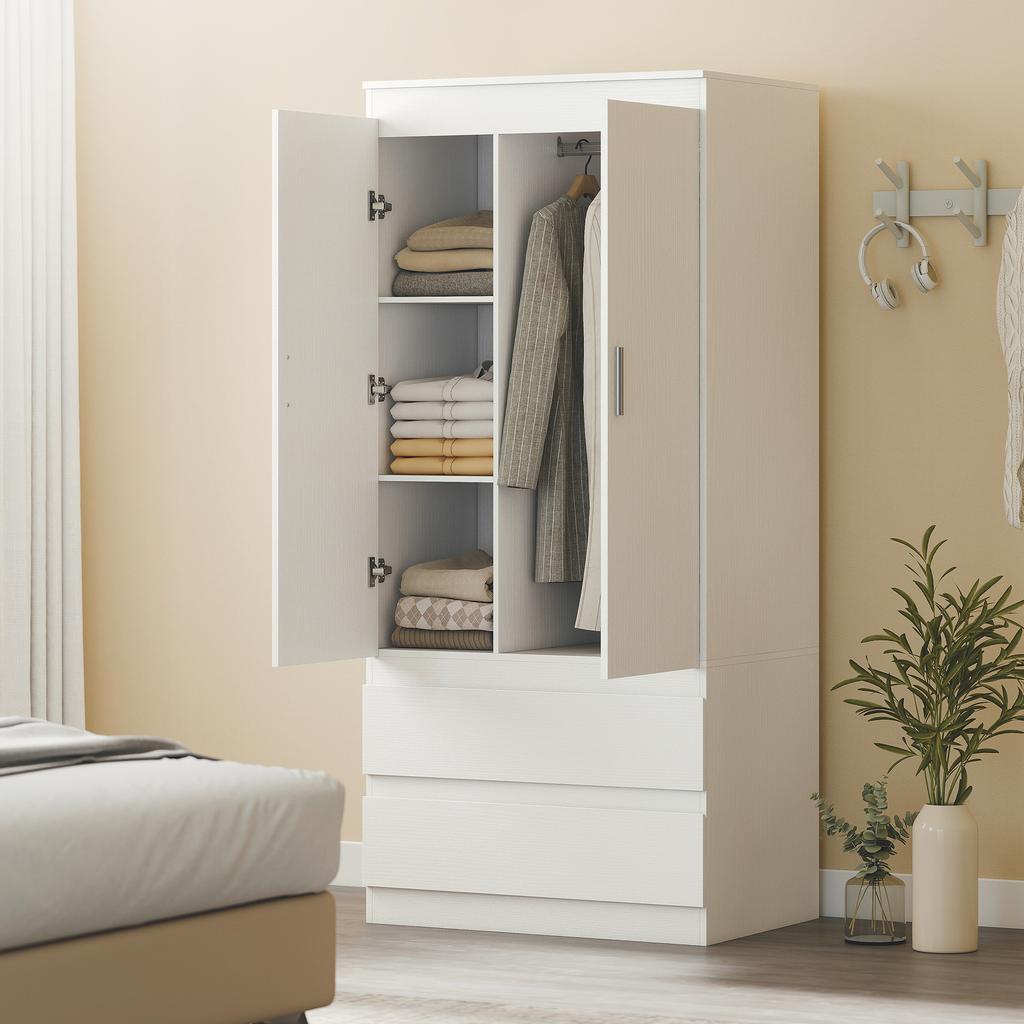 Bedroom Wardrobe with 2 Doors, 2 Drawers, 3 Compartments, Wood, White