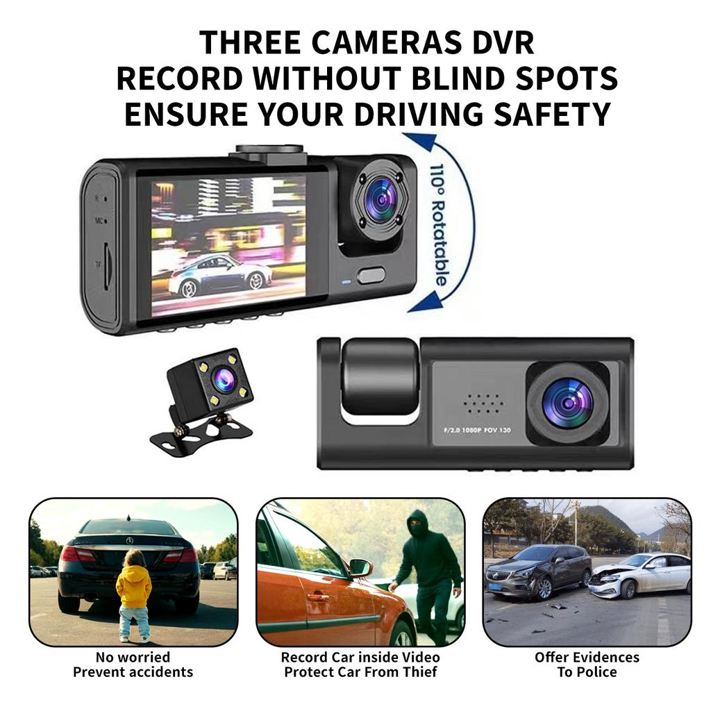 FHD1080P 2Inch Dash Cam Car DVR Night Vision WIFI 3Camera Lens Motion Detection Front Inside Rear Wide Angle Driving Recorder