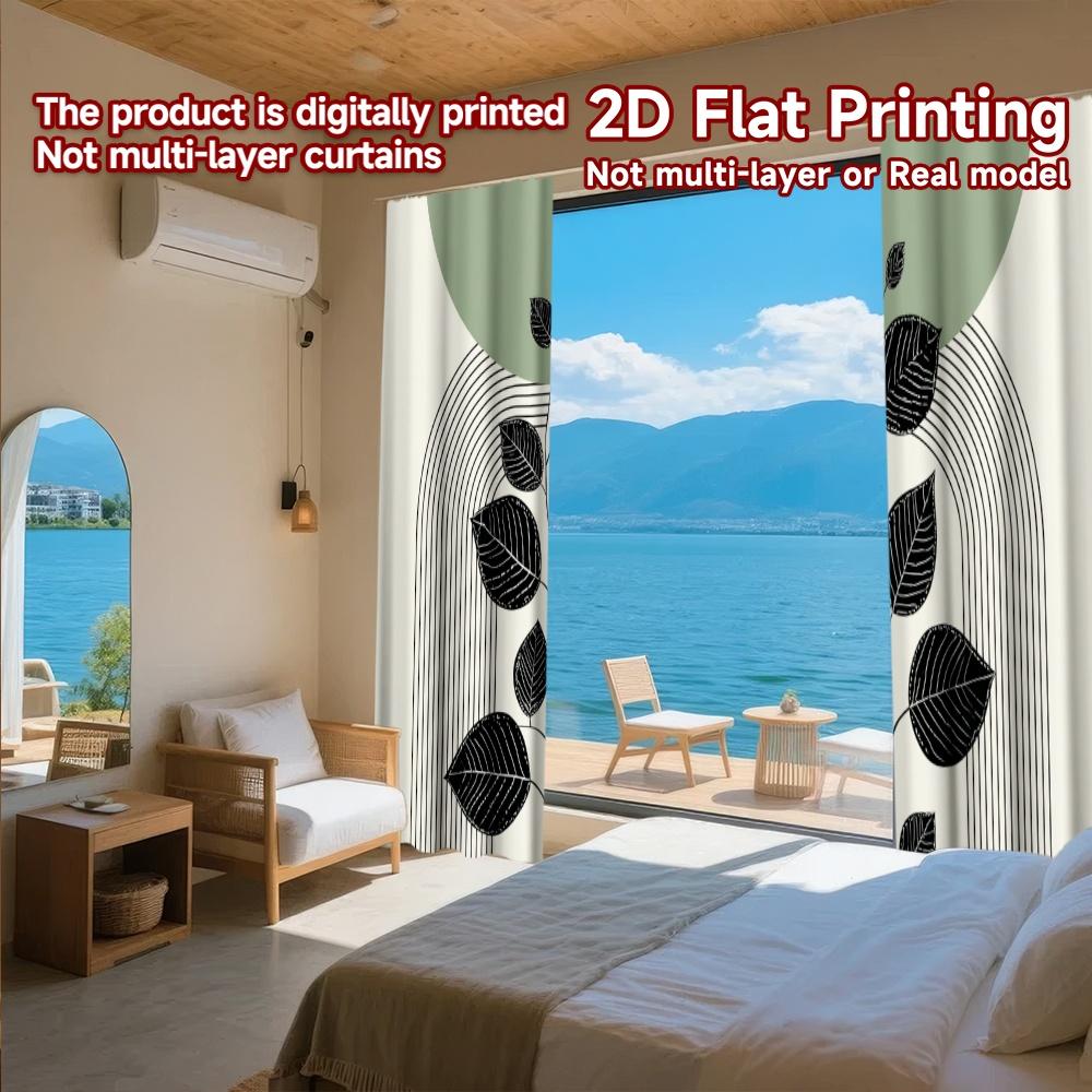 Set Of 2 Flat Printing Curtains Without Rod Green Leaves Curved Lines Easter Festival Chic Print Versatile Curtain Polyester
