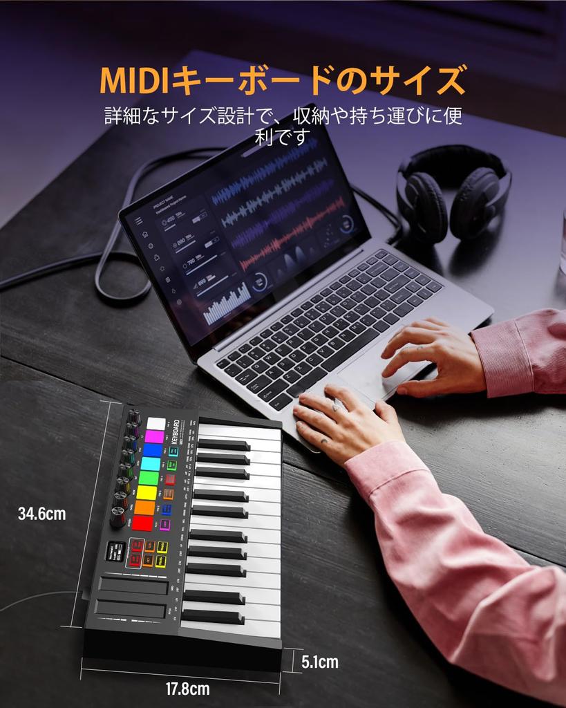 OYAYO MIDI-Keyboard mit Anschlagdynamik 8 Hintergrundbeleuchtete Drum-Pads 8 OLEDs und MIDI-Unterstützung mit DAW Musikproduktionssoftware 25 anschlagdynamische Tasten, Pads, Regler, Display,
