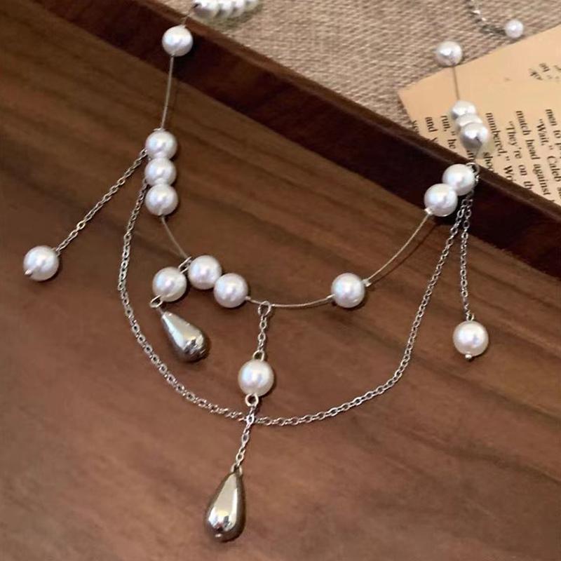 Exquisite Sweet Water Droplet Pearl Tassel Necklace For Women Girls Fashion Personality Clavicle Chain Party Jewelry Accessories
