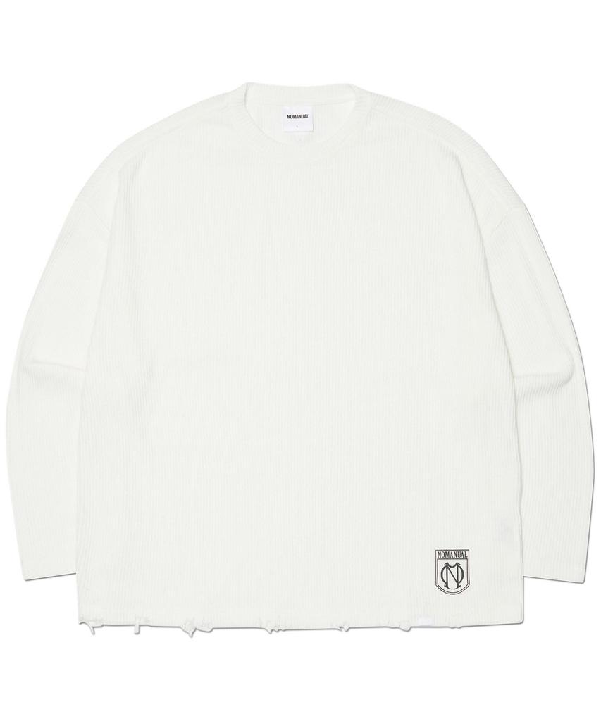Nomaenyueol Emblem Damaged Knit Long Sleeve Tee - White
