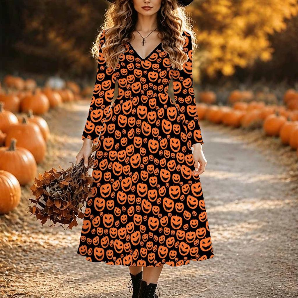 Halloween Women's Skeleton Print Midi Dress A Line Dress Vacation Casual Daily Regular Fit Long Sleeve V Neck Black Spring Fall