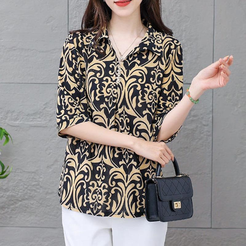 New Summer Retro Ethnic Style Fashion Trend V-neck Printed Loose Casual Versatile Foreign Style Short Sleeved Shirt