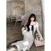 French temperament white one-word shoulder long-sleeved dress children's early autumn new slim-fitting waist-wrapped hip dress