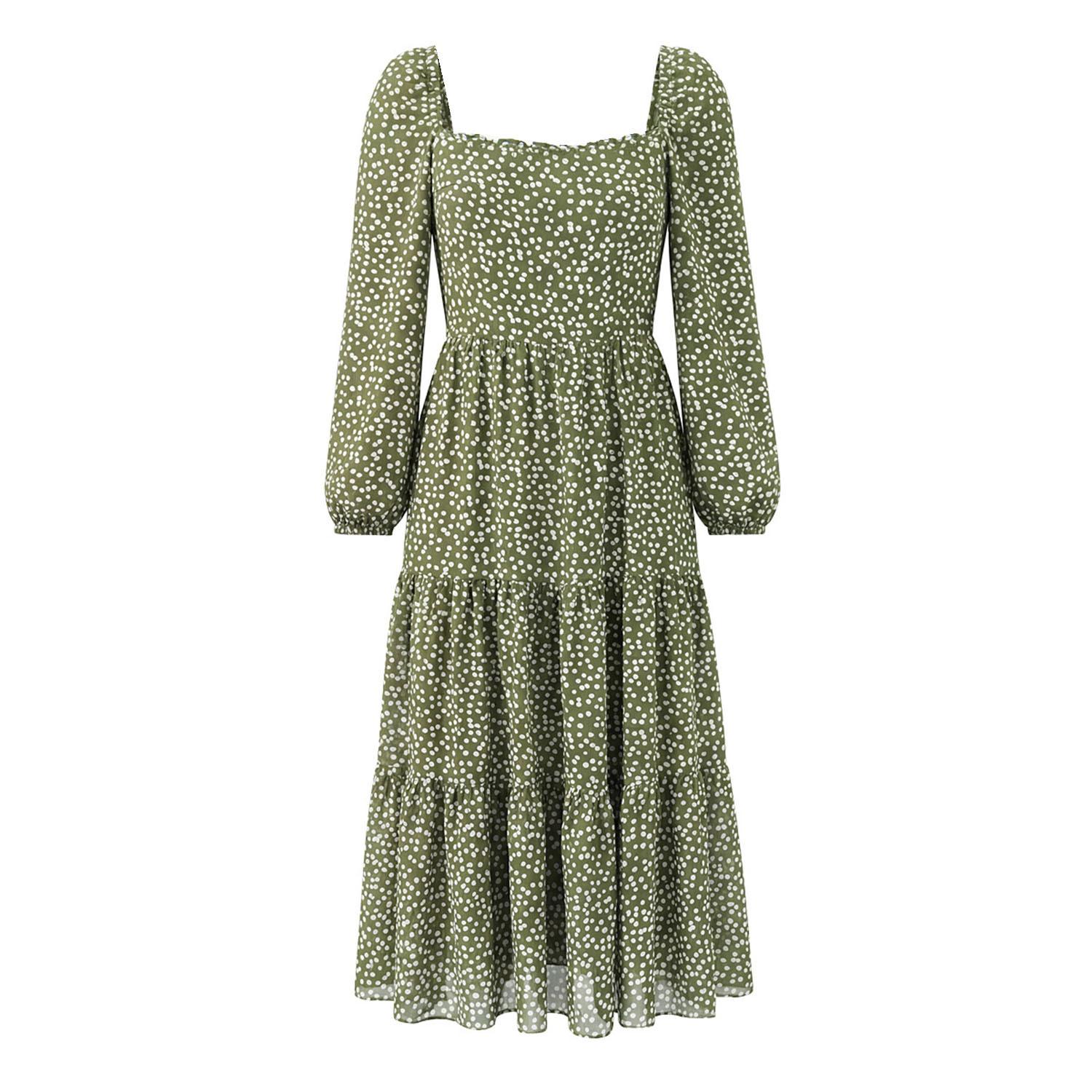 European and American style, new women s clothing, French polka dot printed square neck back elastic long-sleeved dress S