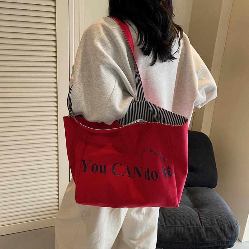 New Red Letter Casual Striped Large Capaci Tote Bag Women's 2026 New Fai Commuter Oulder Bag for Class Handheld Canvas Bag