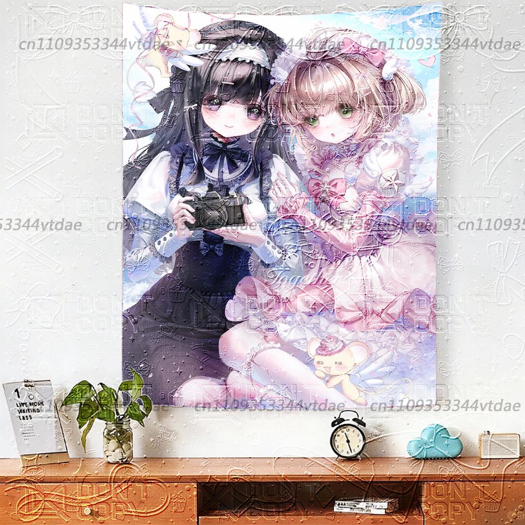 Kawaii Twin Anime Girls Tapestry Black Pink Lolita Wall Hanging Cute Camera Angel Aesthetic Background Cloth for Bedroom Dorm