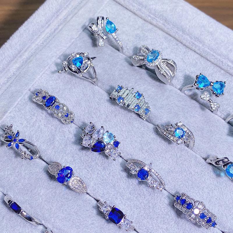 Caibao Personalized Sea Blue Micro-Inlaid Zir*****Pen Ring Female Geometric Niche Light Luxury High-End Ring Female