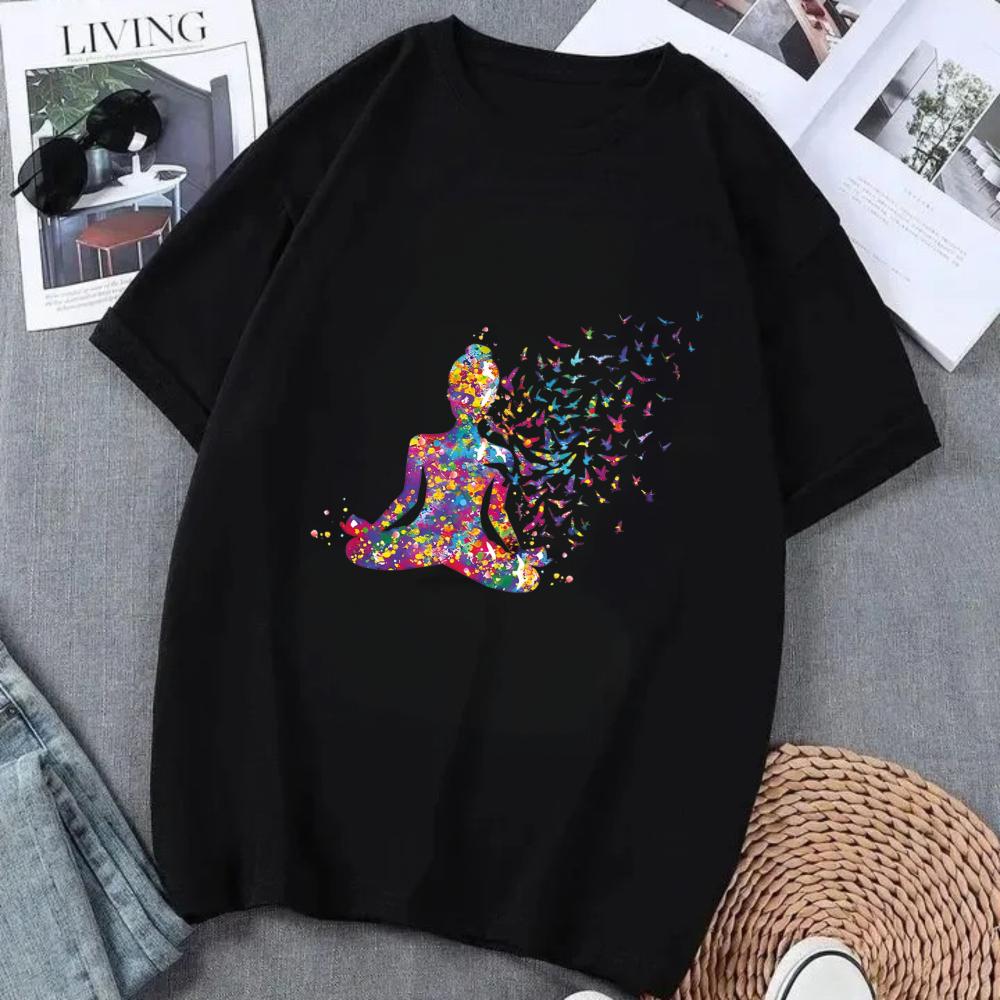 Watercolor Breathe Chakra Symbols Yoga Print Tshirt Women Bird Om Aum Jade Buddha Meditation Tie Die T Shirt Femme TShirt Tops S