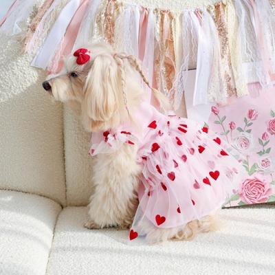 Dünner atmungsaktiver Tüllrock für Hunde Herzmuster Welpen Hochzeitskleid Hund Sommerweste Frühling Teeparty