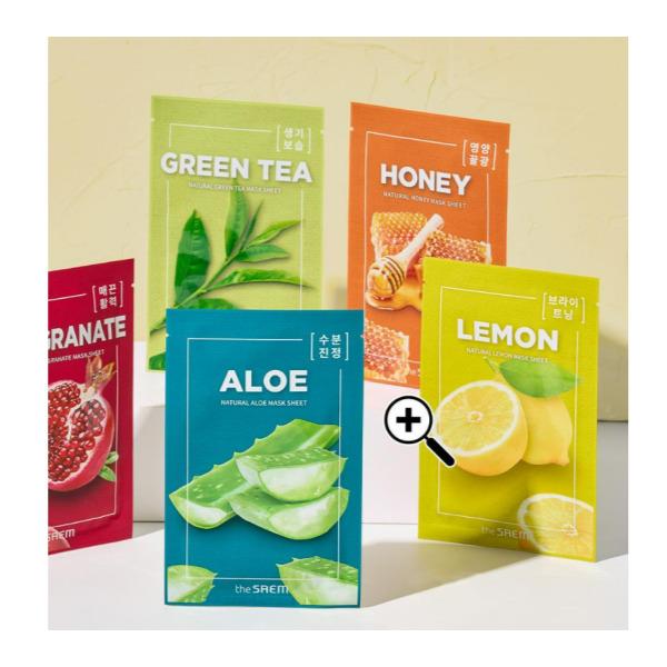 THE SAEM Natural Mask Pack Sheet Mask Set (Aloe / Lemon / Green Tea / Honey / Pomegranate) – 5 Sheets
