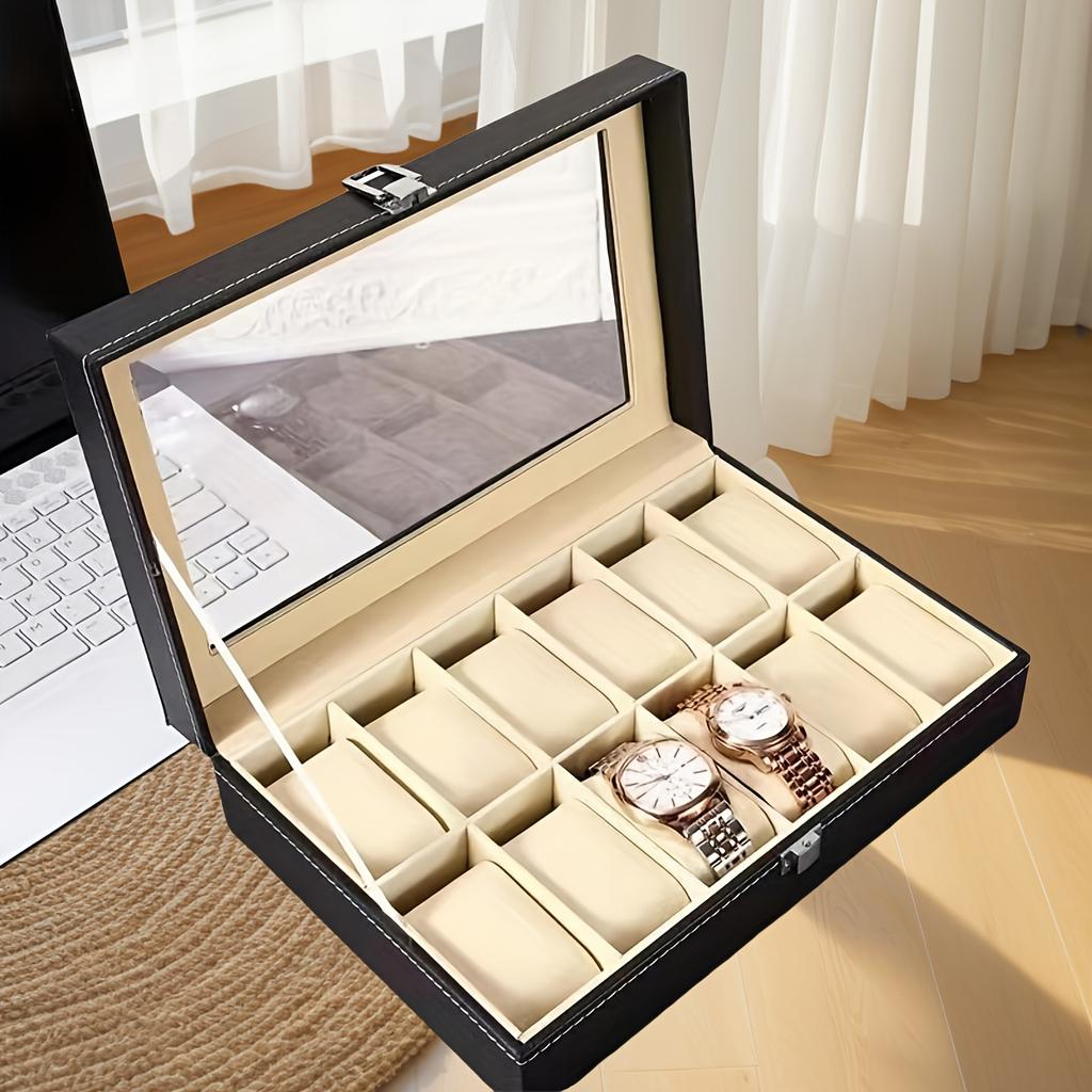 High-Value Faux Leather 12-Position Watch Storage Box Wristwatch Window Display Large Capacity with Lid Watch Box
