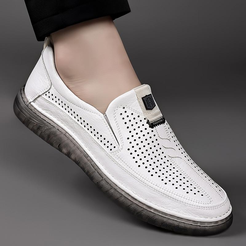 Mode Sommer Weiß Perforierte Lederschuhe Herren Slip on Schuhe Aus Echtem Leder Männlichen Bequeme Freizeitschuhe Männlichen Bequeme Halbschuhe