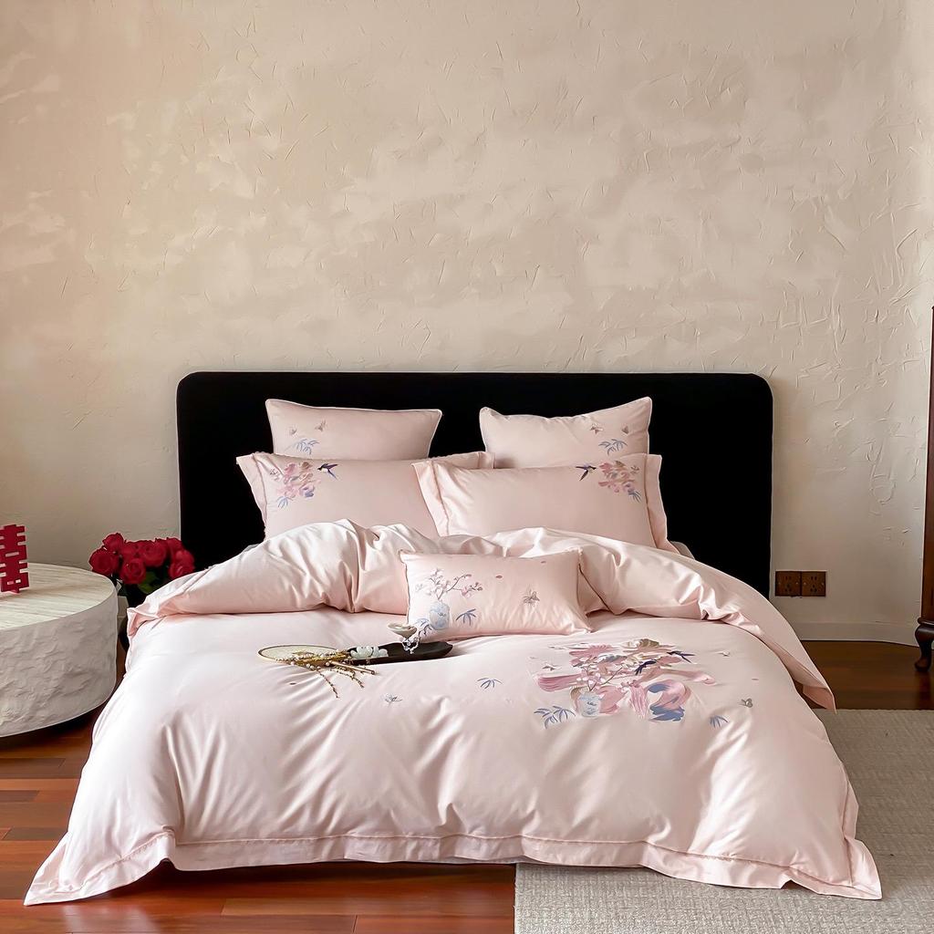 Wedding Cotton Embroidery Four-Piece Bedding Set - Duvet, Fitted Sheet, Bed Sheet - Perfect for Dowry Gifts