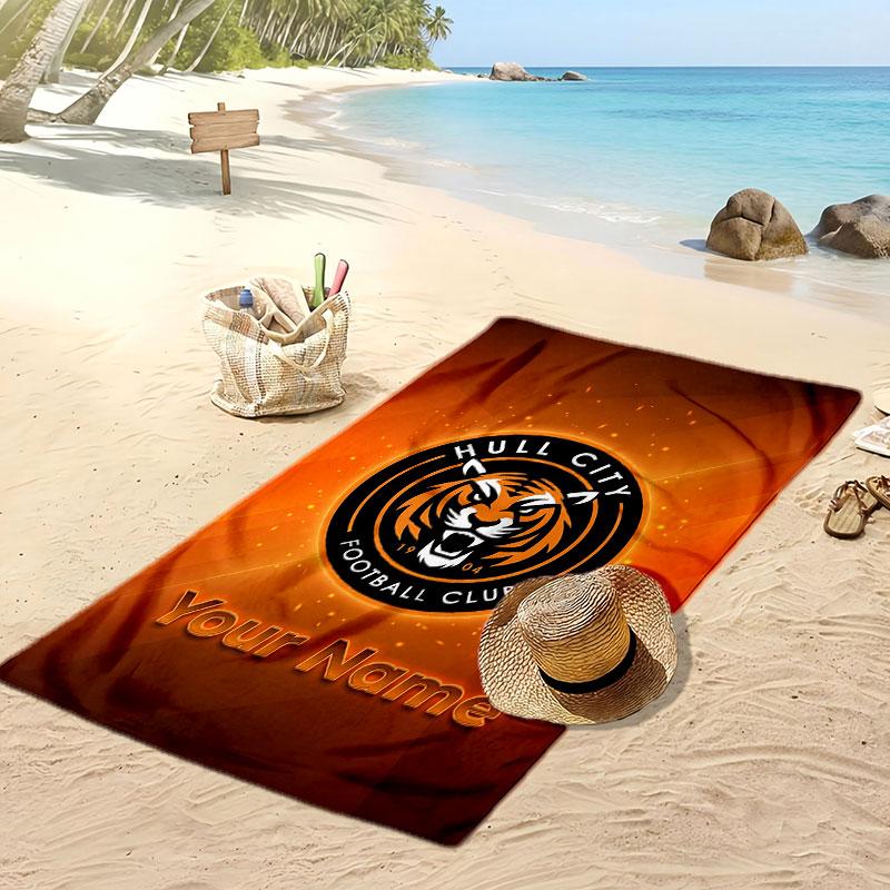 Asciugamano da Spiaggia Personalizzato Stampato Hull City Logo Calcio Supporto Nome Personalizzato Testo Asciugamano Assorbente Per Sport Viaggio Regalo Speciale
