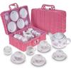 Porcelain Tea Set for Little Girls with Pink Picnic Basket, Floral Design, 13